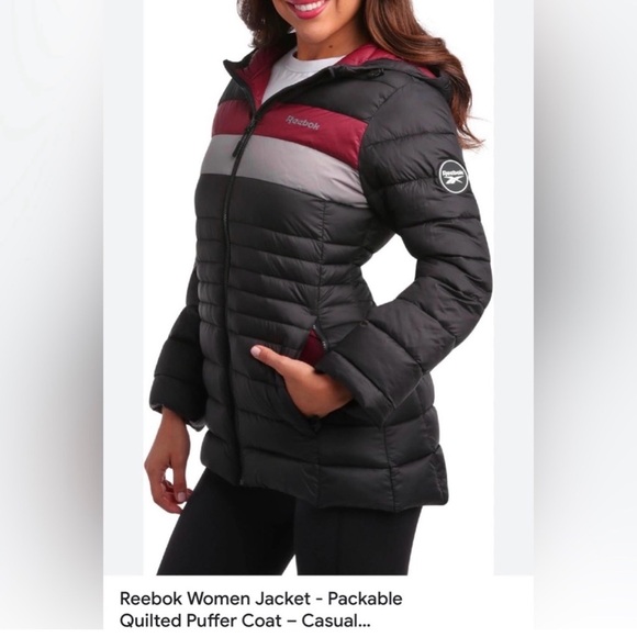 Reebok Women’s Hooded Puffer Jacket - Black, Burgundy, Light Gray - Picture 2 of 7